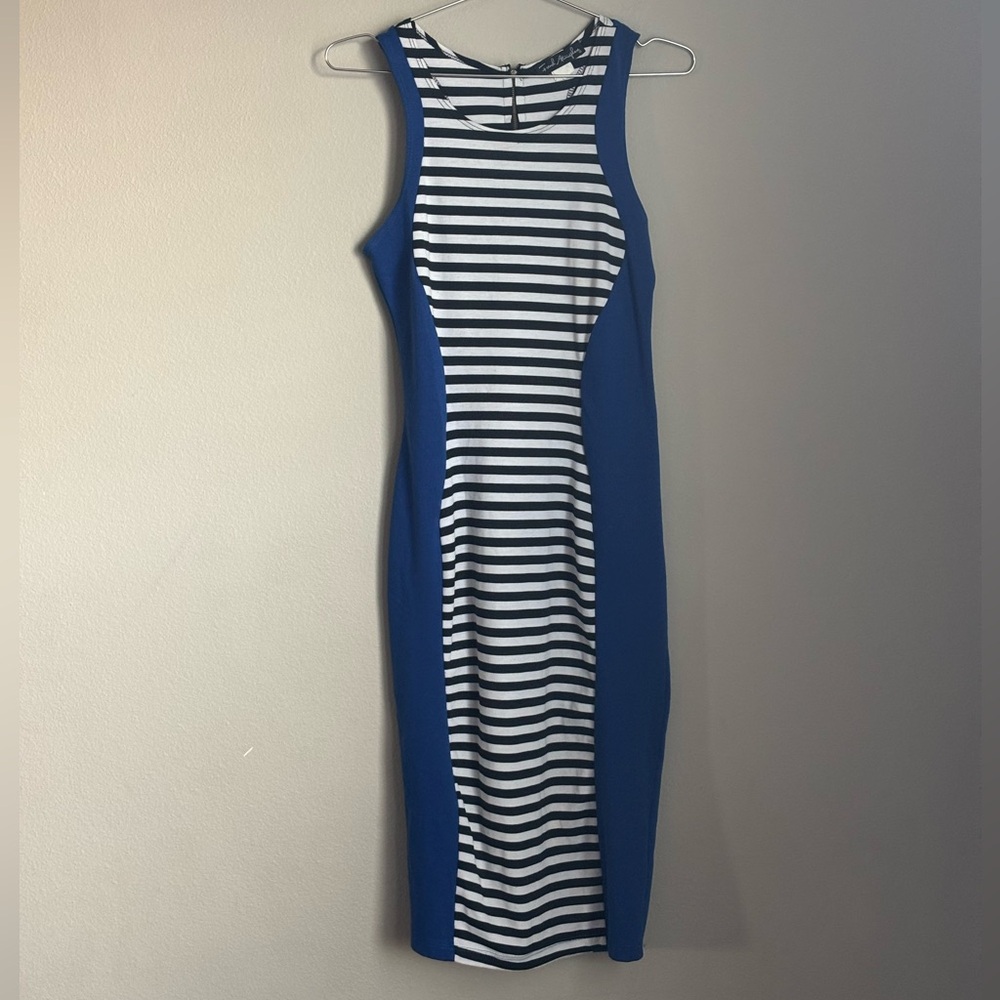 French Atmosphere Figure Hugging Navy and White Striped Midi Dress Size Large